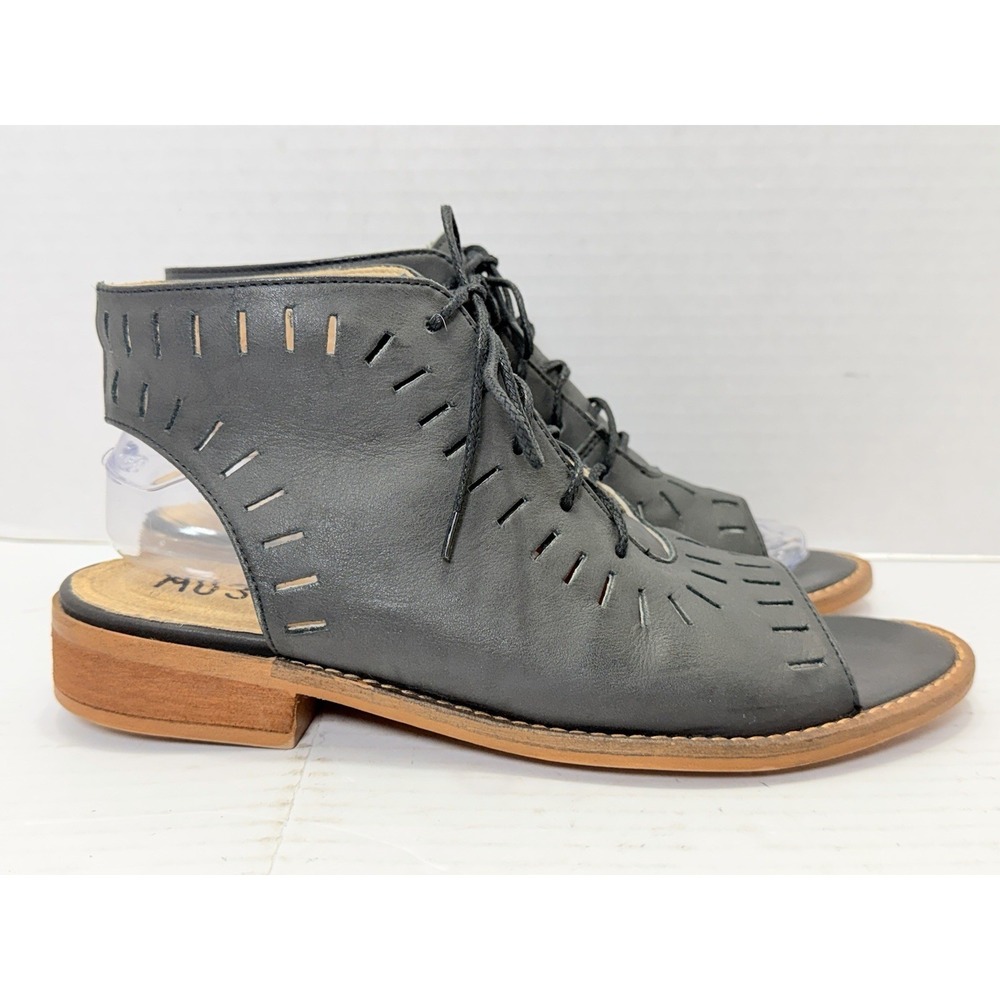 Musse & Cloud Sandals Lace-Up Peep Toe Leather Cage Black Spain US 9 EU 40